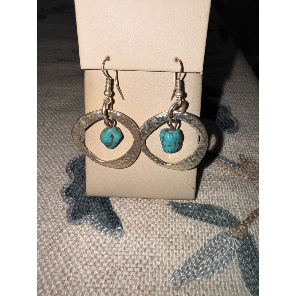 Silver Hoop Earrings Turquoise Gemstone Boho Artisan Handmade Dangle